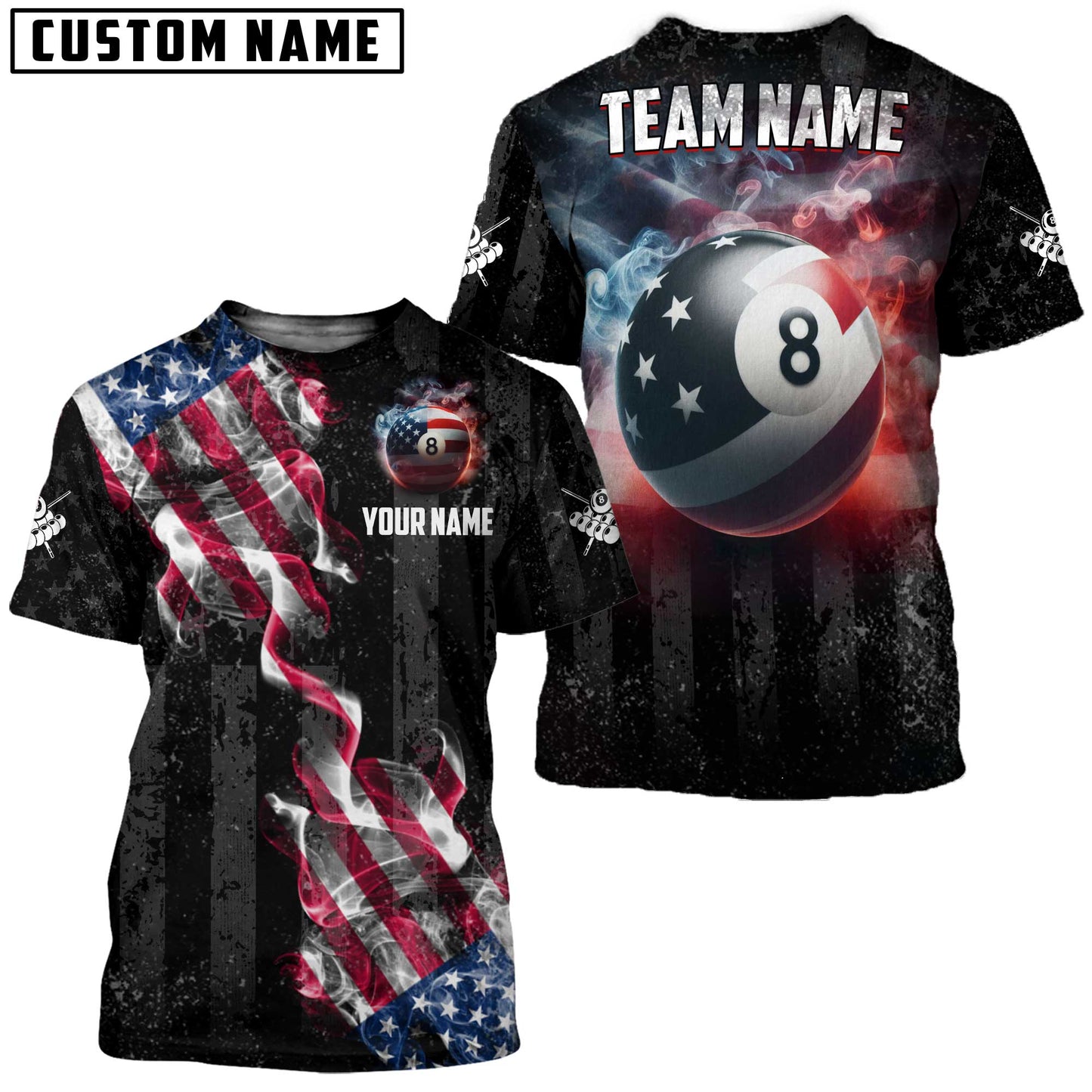 Frenzidea Billiards Ball 8 Pool Smoke US Flag Personalized Name, Team Name Unisex Shirt