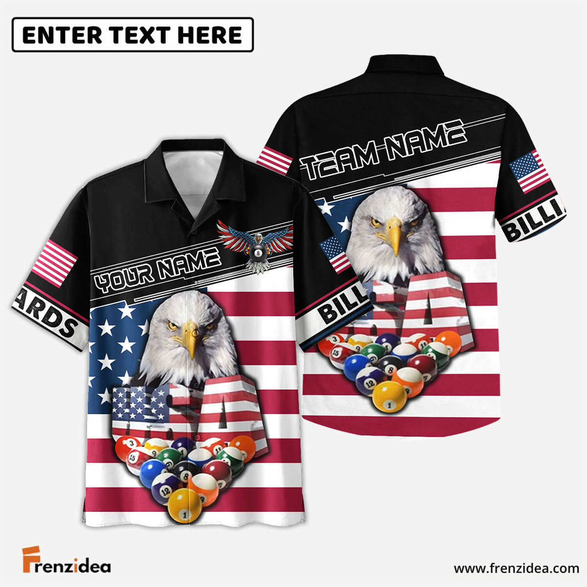 Frenzidea Billiards 8 Ball Rack USA Eagle Personalized Name, Team Name Shirt (S)
