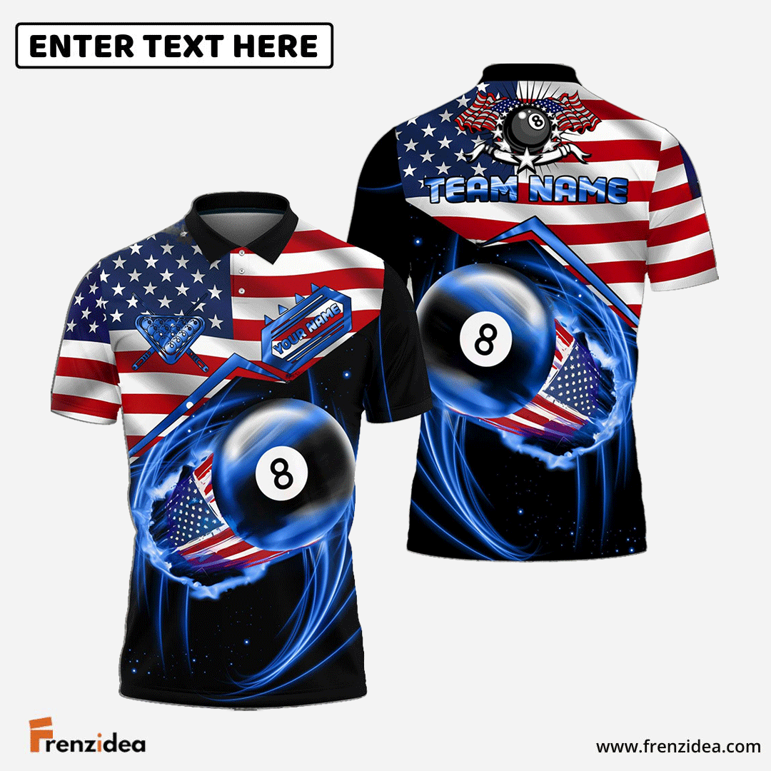 Frenzidea Billiards Ball 8 US Flag Flame Personalized Name, Team Name Unisex Shirt ( 6 Colors )
