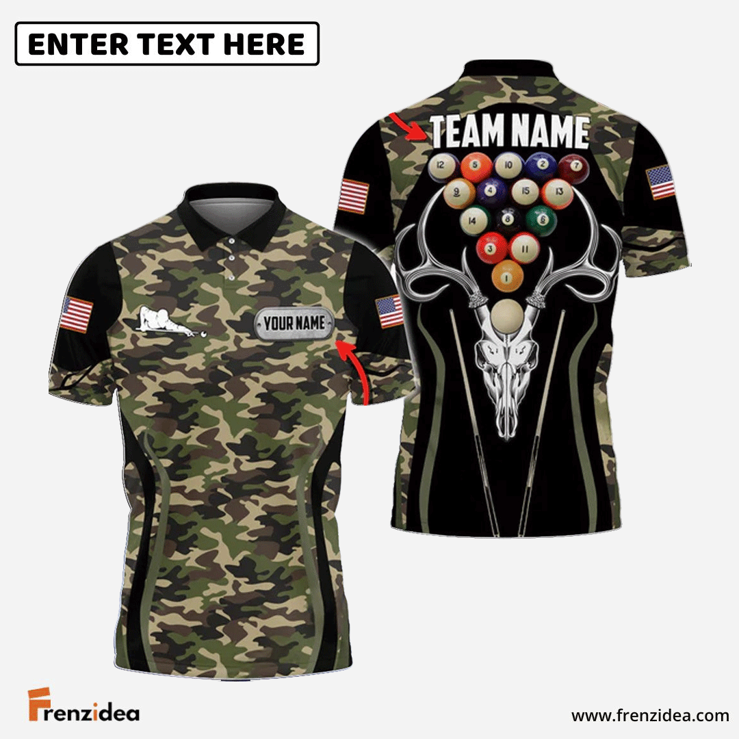 Frenzidea Billiards Camo Pattern USA Flag Personalized Name, Team Name Unisex Shirt