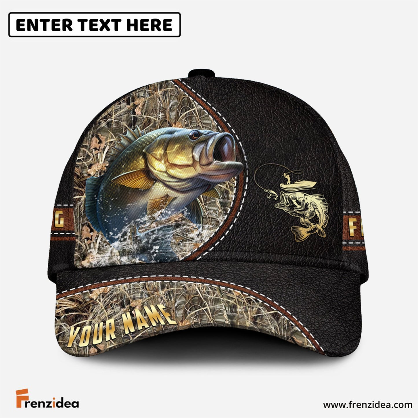Frenzidea Personalized Bass Black Leather Camo Pattern Fishing Classic Cap