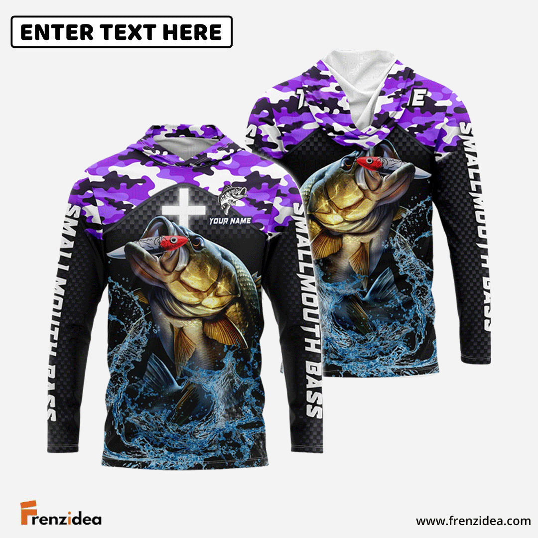 Frenzidea Smallmouth Bass Fishing Purple Camo Sport Custom Name & Team Name 3D Shirts