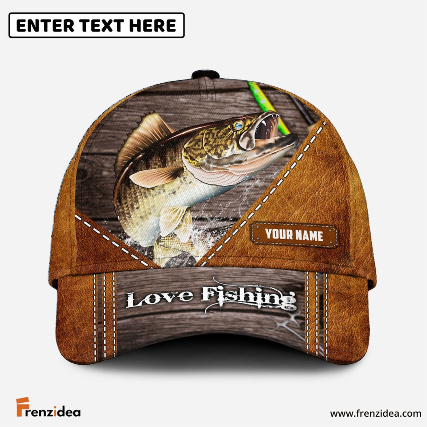 frenzidea Custom Name Walleye Fishing Leather Pattern Cap