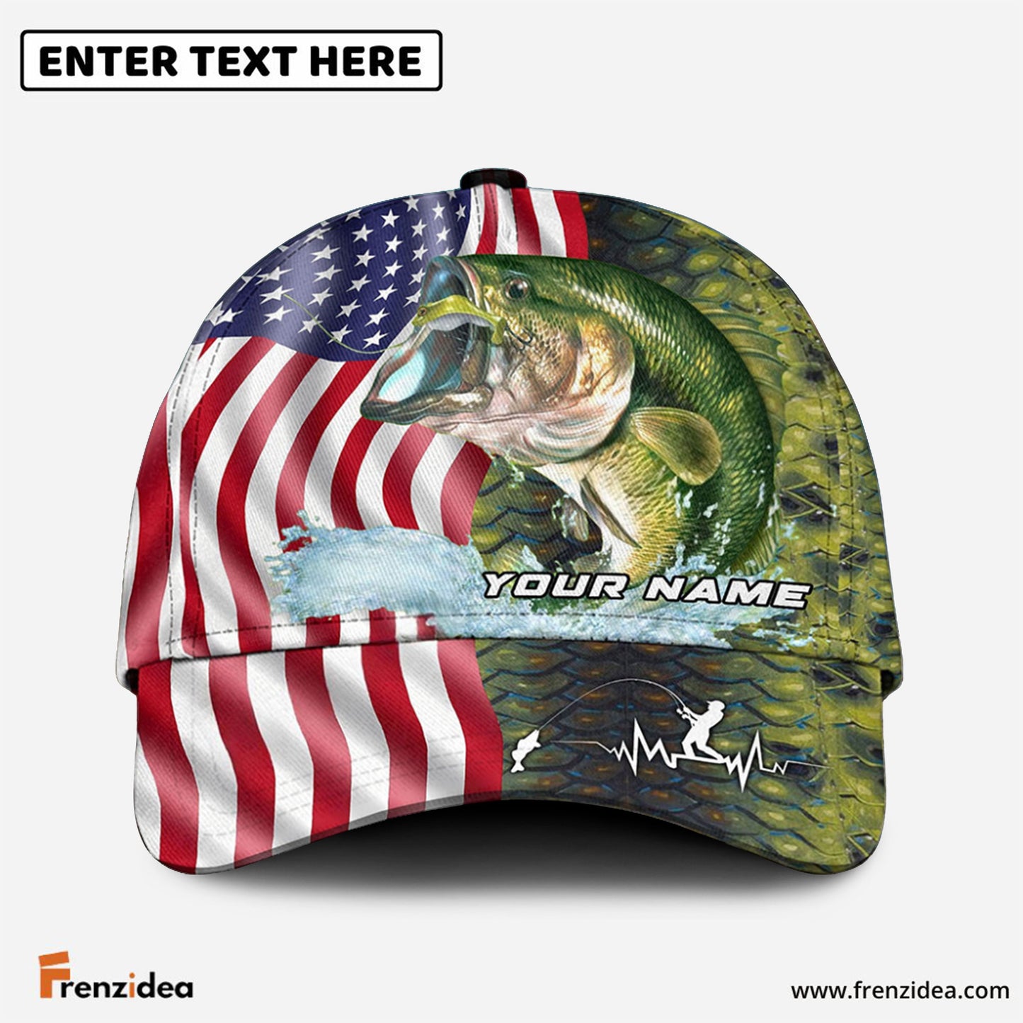 Frenzidea Personalized Bass Skin American Flag Fishing Classic Cap