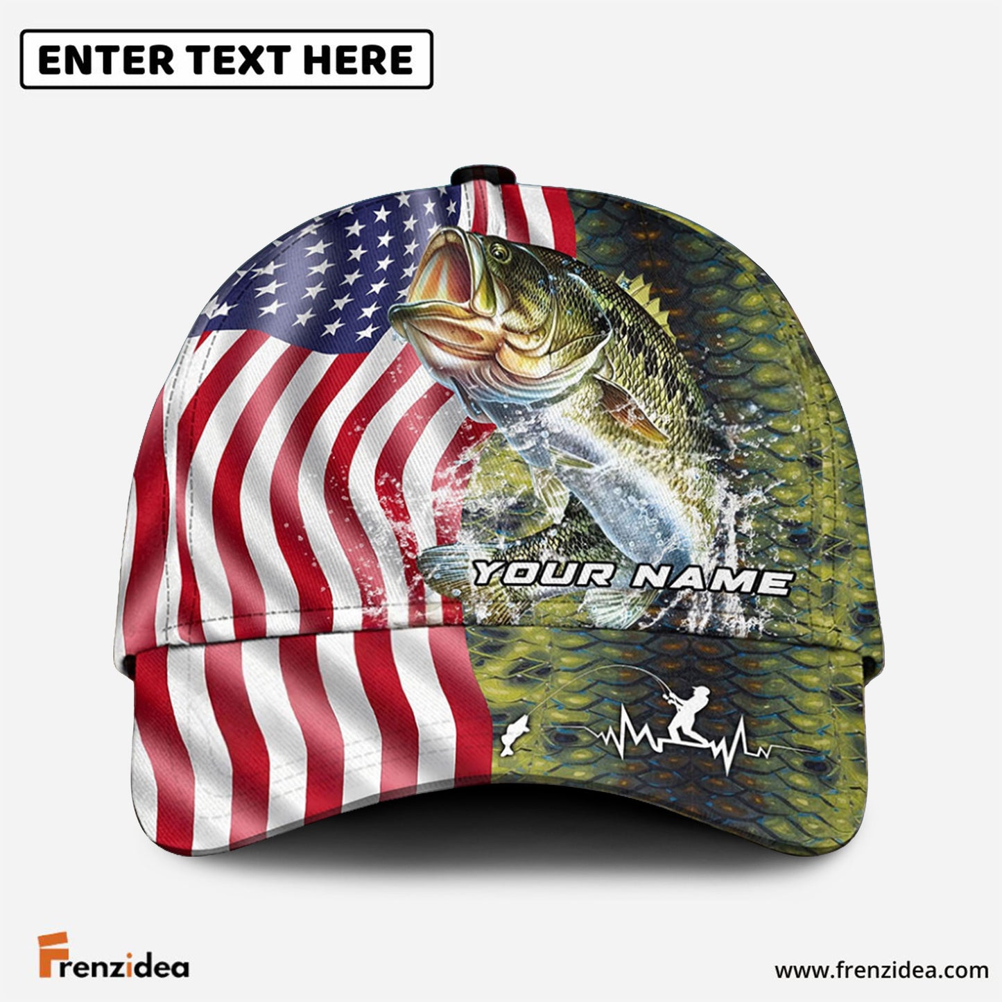 Frenzidea Personalized Large Mouth Bass Skin American Flag Fishing Classic Cap