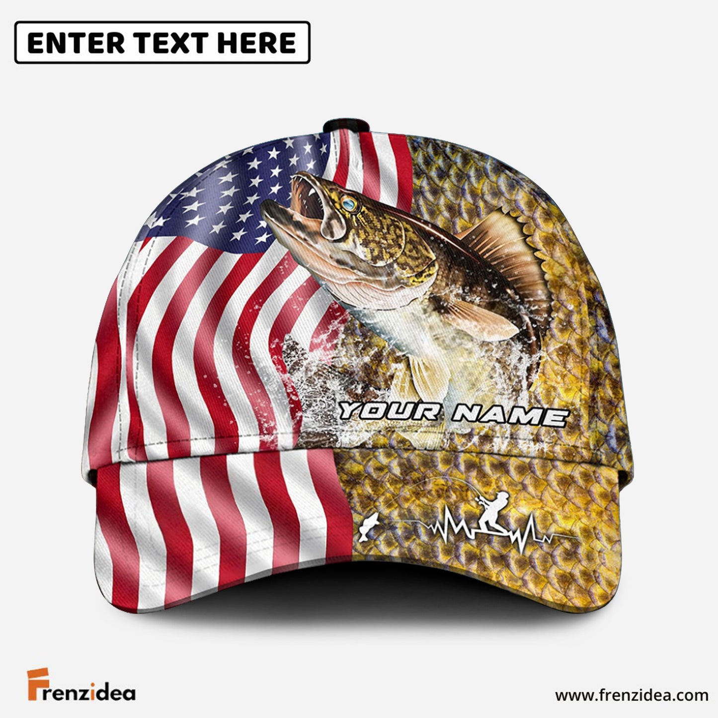 Frenzidea Personalized Walleye Skin American Flag Fishing Classic Cap
