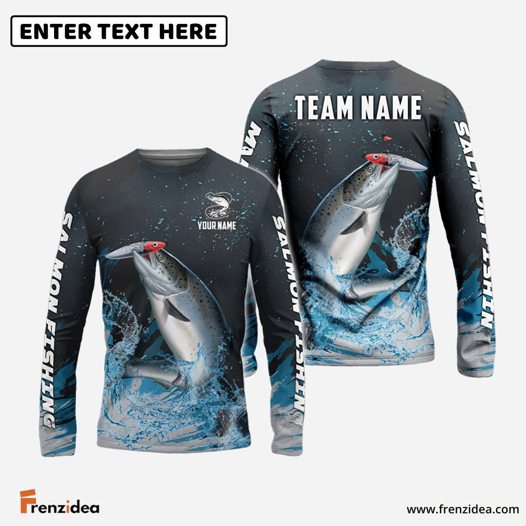 Frenzidea Salmon Fishing Dark Blue Sport Custom Name & Team Name 3D Shirts
