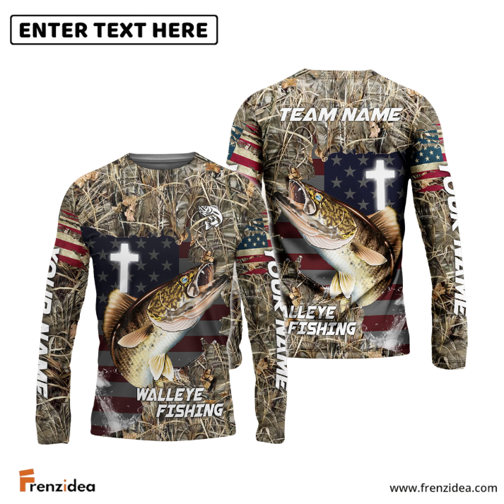 Frenzidea Walleye Fishing Cross Camo Custom Name & Team Name 3D Shirts