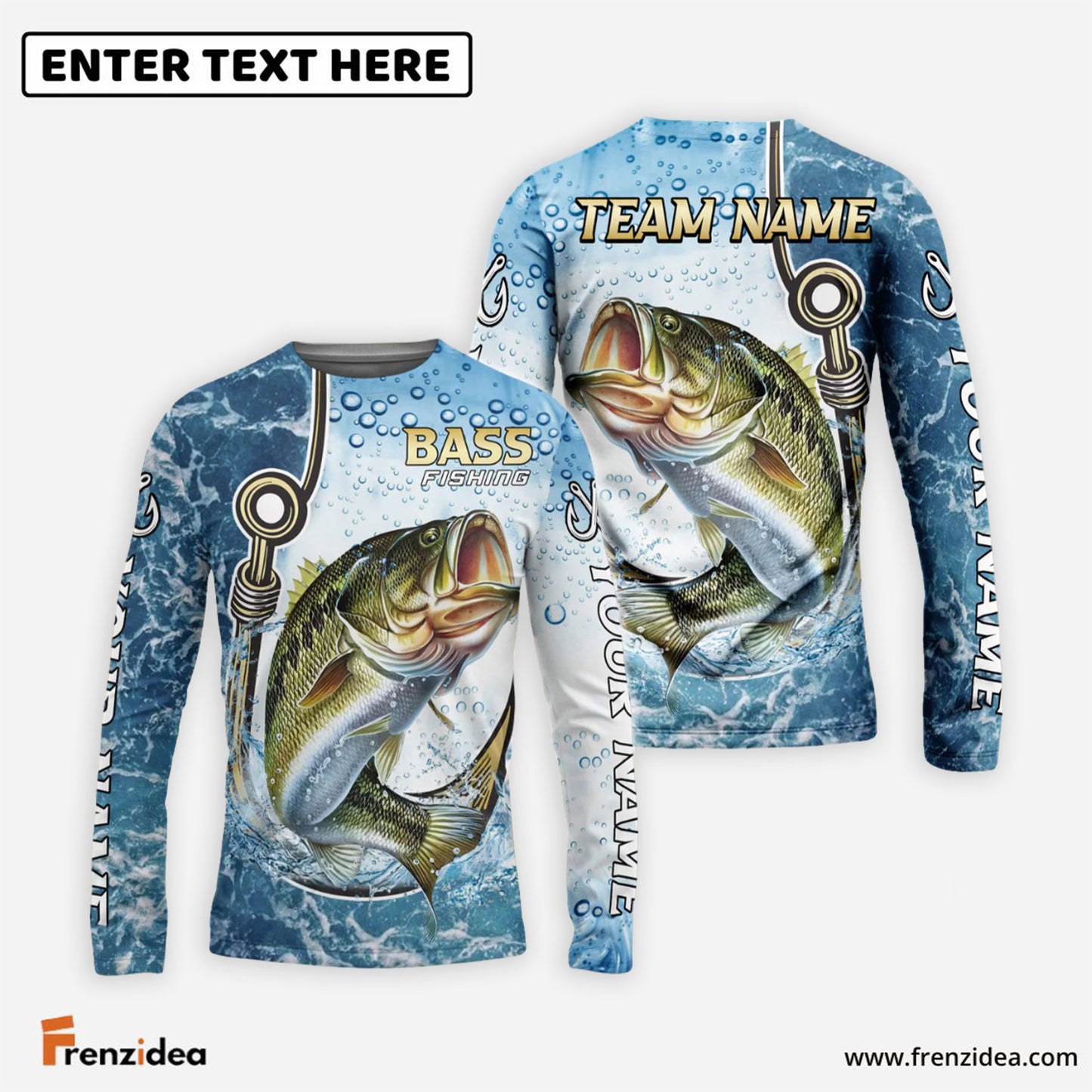 Frenzidea Bass Fishing Golden Hook Graphic Sport Custom Name & Team Name 3D Shirts