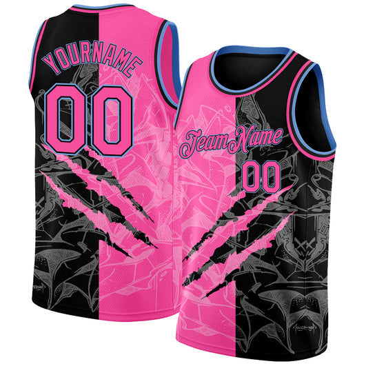 Frenzidea Custom Graffiti Pattern Pink Black-Light Blue 3D Scratch Authentic Basketball Jersey