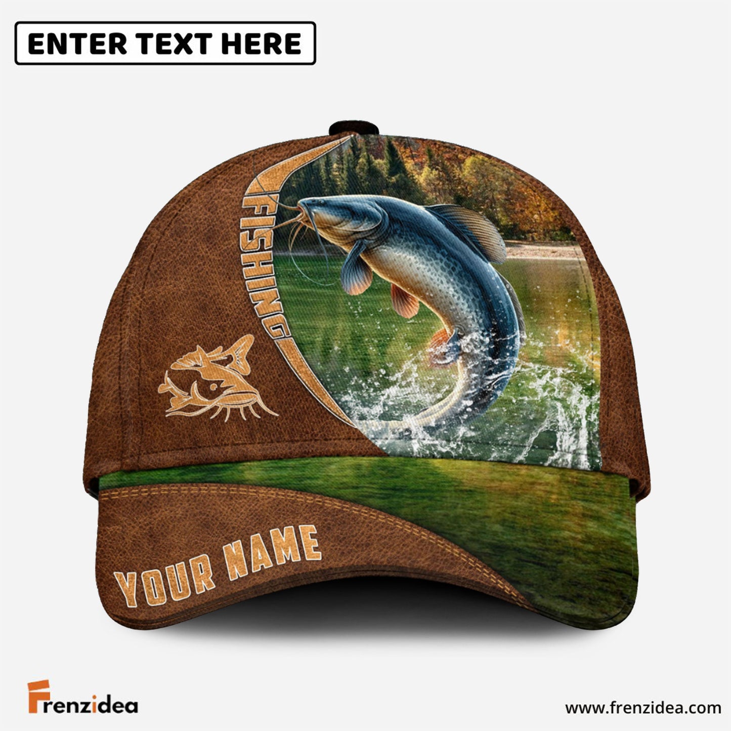 Frenzidea Personalized Fishing Brown Cap (Bass, Striped Bass, Catfish, Trout, Crappie, Salmon, Walleye, Pike)