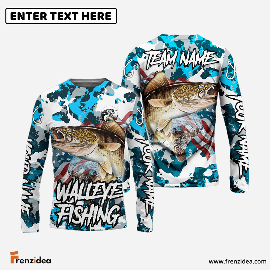 Frenzidea Walleye Fishing American Flag Light Blue Camo Custom Name & Team Name 3D Shirts
