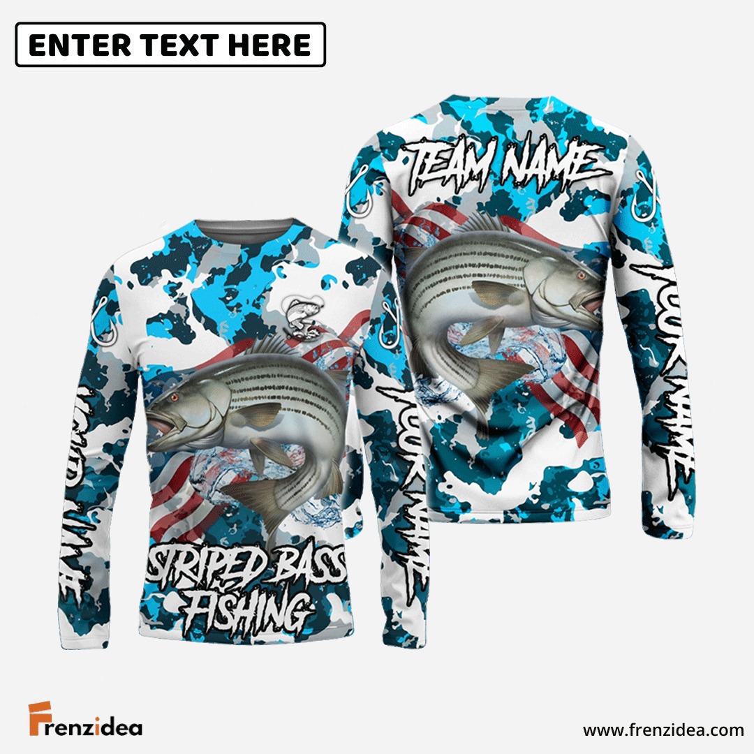 Frenzidea Striped Bass Fishing American Flag Light Blue Camo Custom Name & Team Name 3D Shirts