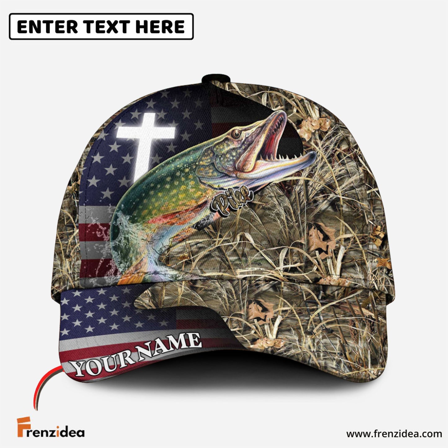 Frenzidea Personalized Pike Fishing Grass Camo And US Flag Classic 3D Cap