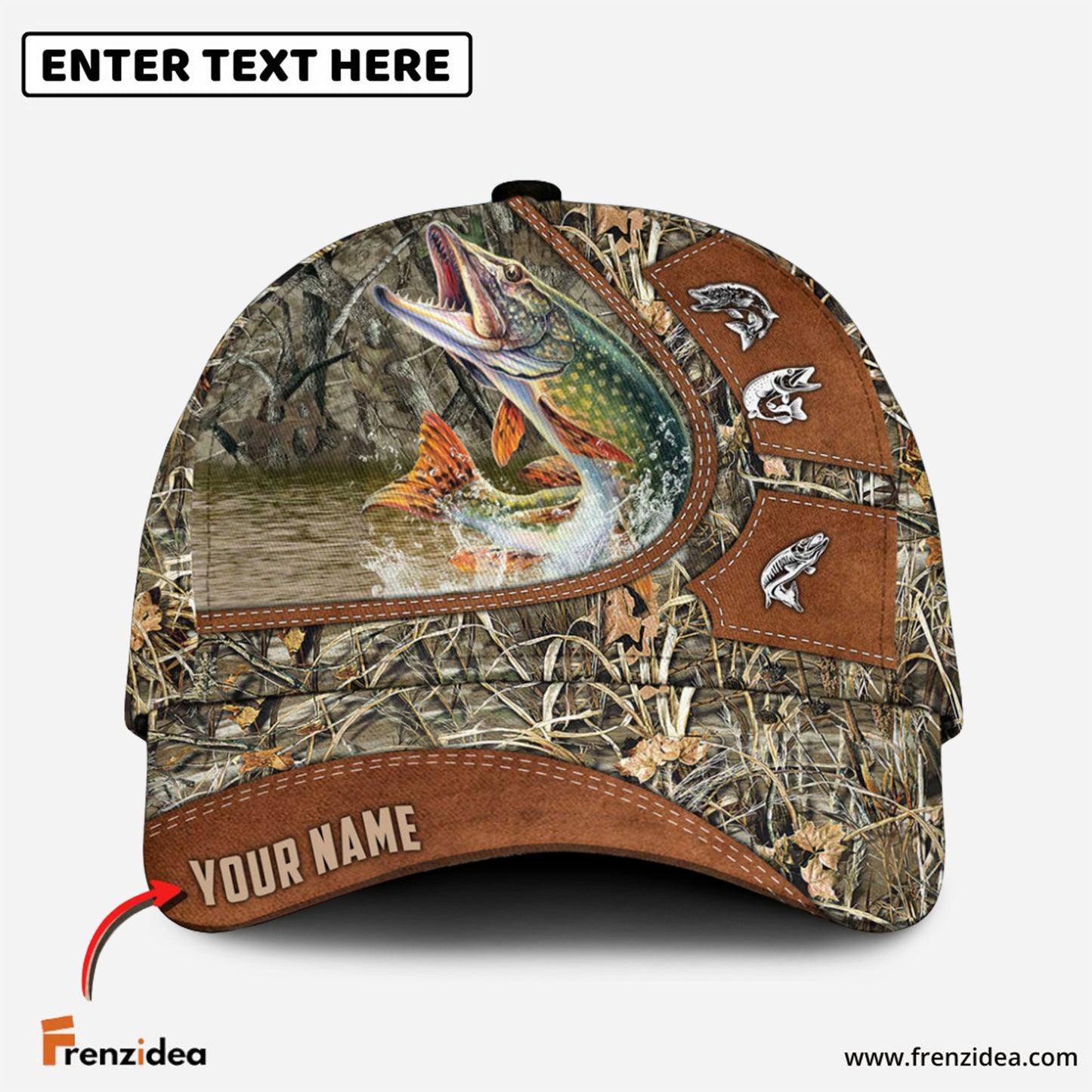 Frenzidea Personalized Pike Fishing Nature Leather Pattern Classic 3D Cap