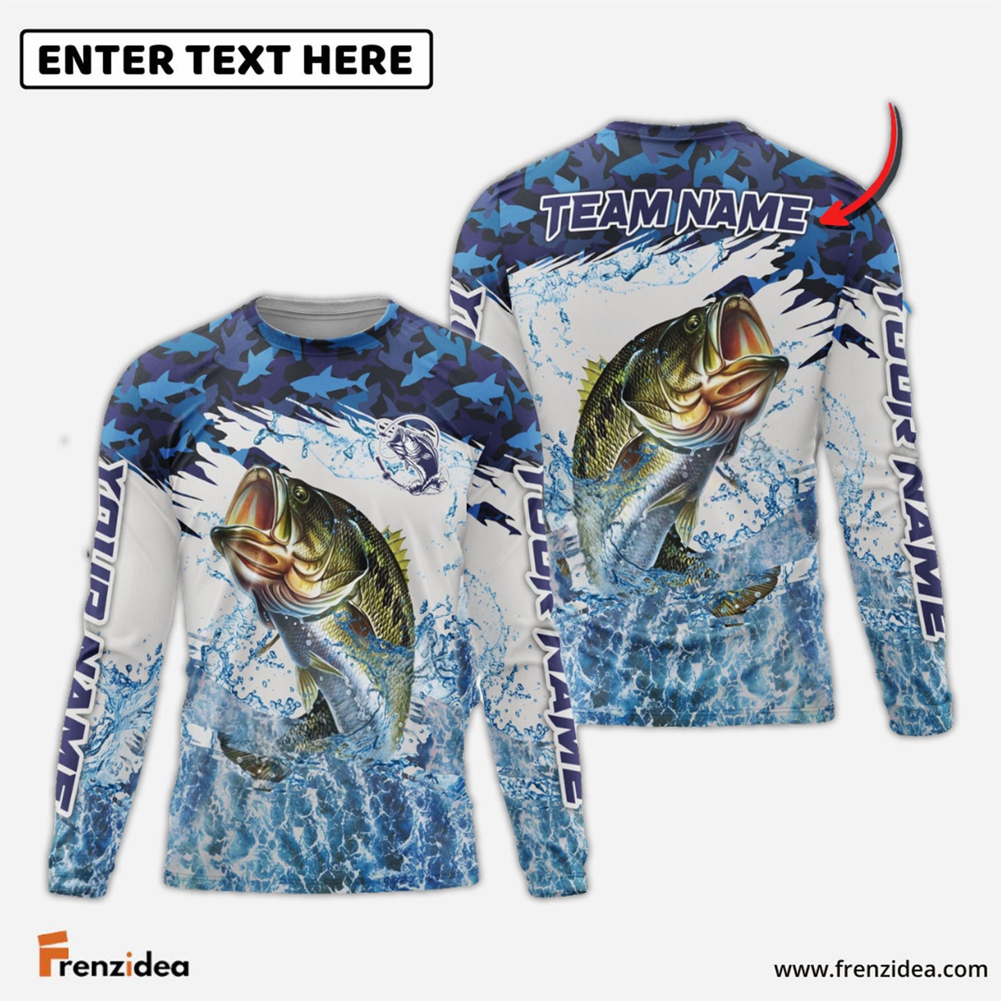 Frenzidea Bass Fishing Blue Camo Clear Water Custom Name & Team Name 3D Shirts