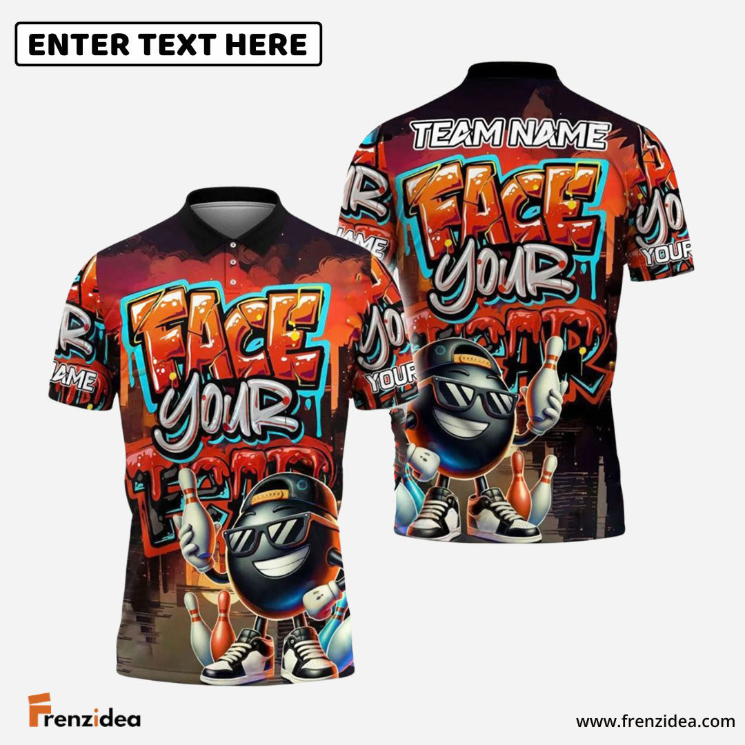 Frenzidea Bowling And Pins Face Your Fear Graffiti Pattern Customized Name, Team Name 3D Shirt (4 Colors)