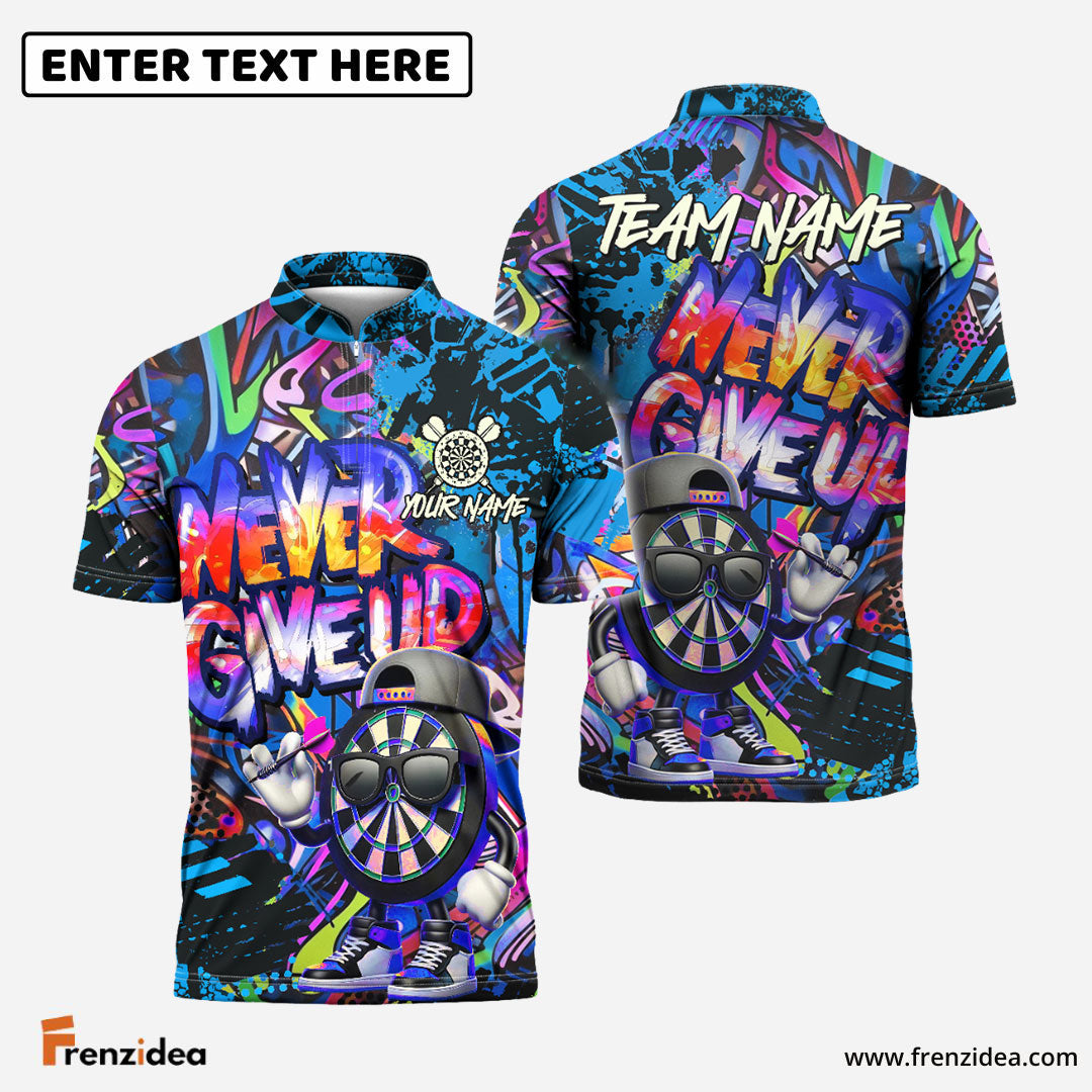 Frenzidea Darts Graffiti Funny Never Give Up Dartboard Personalized Name, Team Name Shirt (4 Colors)