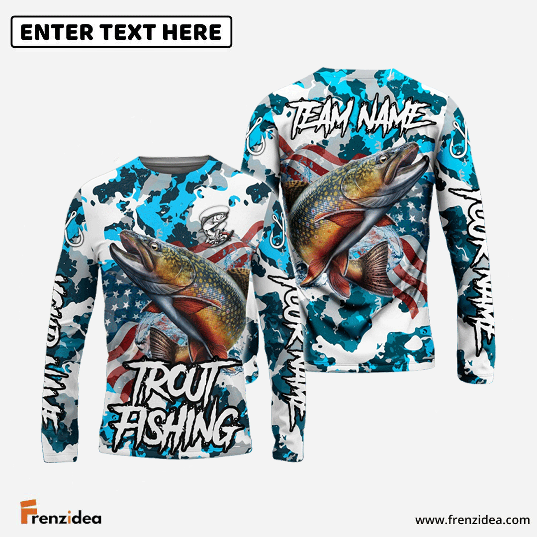 Frenzidea Trout Fishing American Flag Light Blue Camo Custom Name & Team Name 3D Shirts