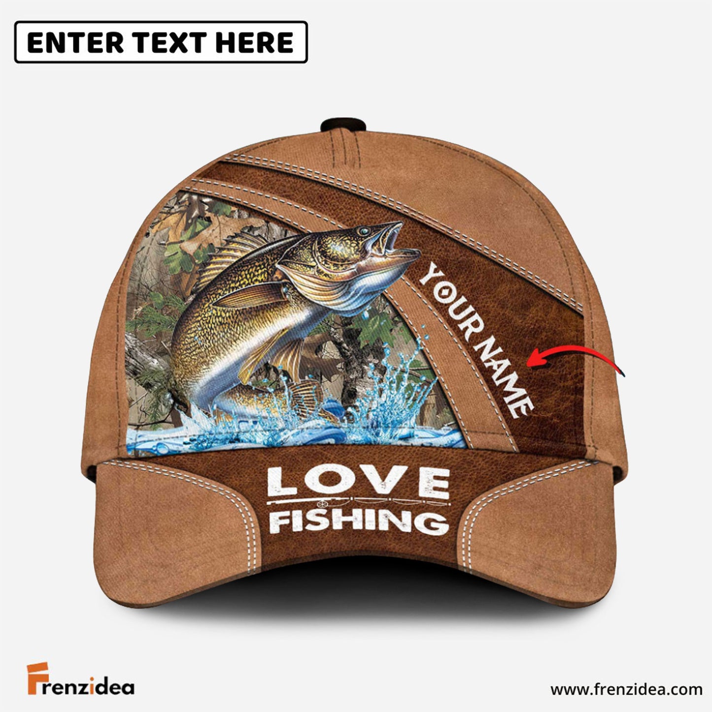 Frenzidea Personalized Walleye Fishing Leather Pattern Classic 3D Cap
