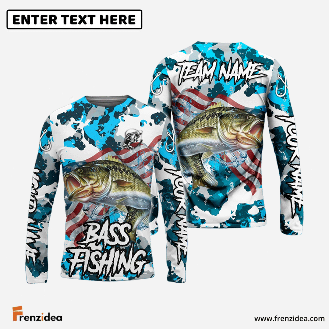 Frenzidea Bass Fishing American Flag Light Blue Camo Custom Name & Team Name 3D Shirts