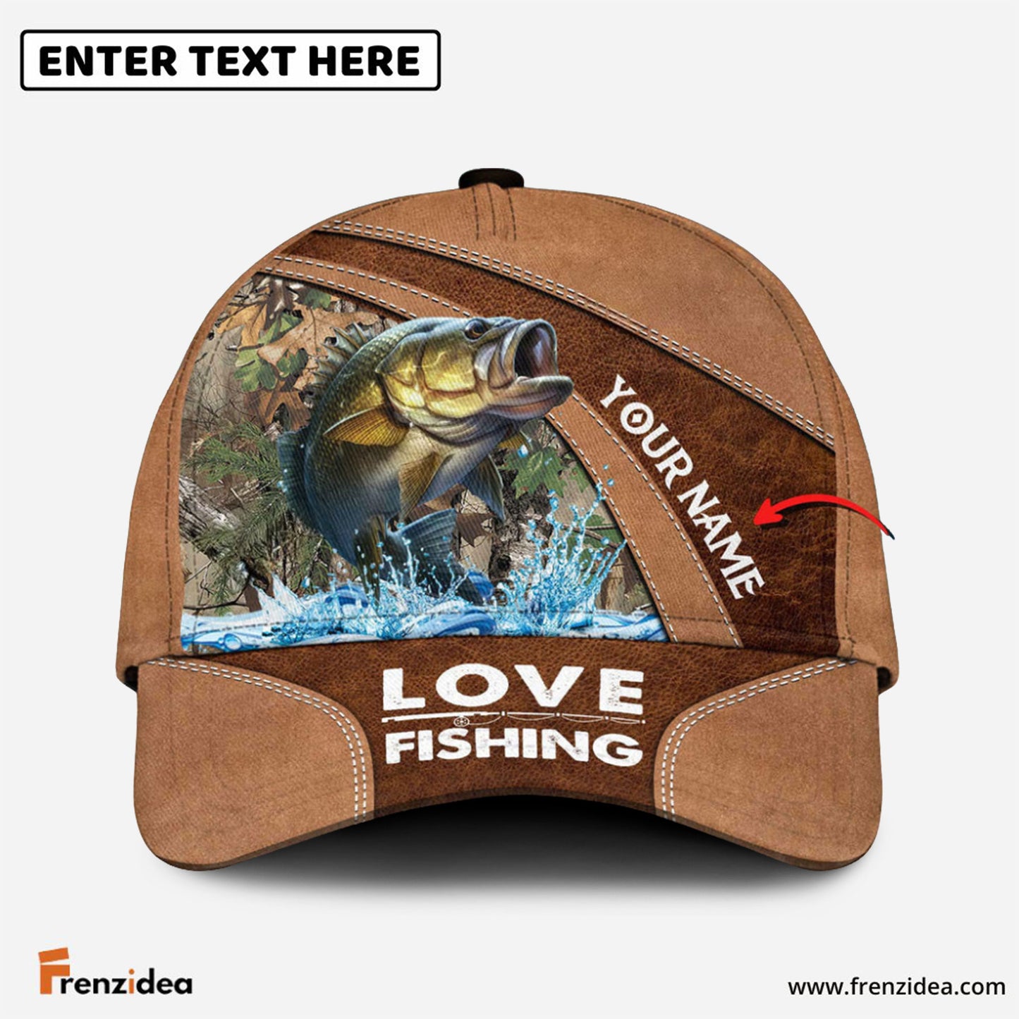 Frenzidea Personalized Large Mouth Bass Fishing Leather Pattern Classic 3D Cap