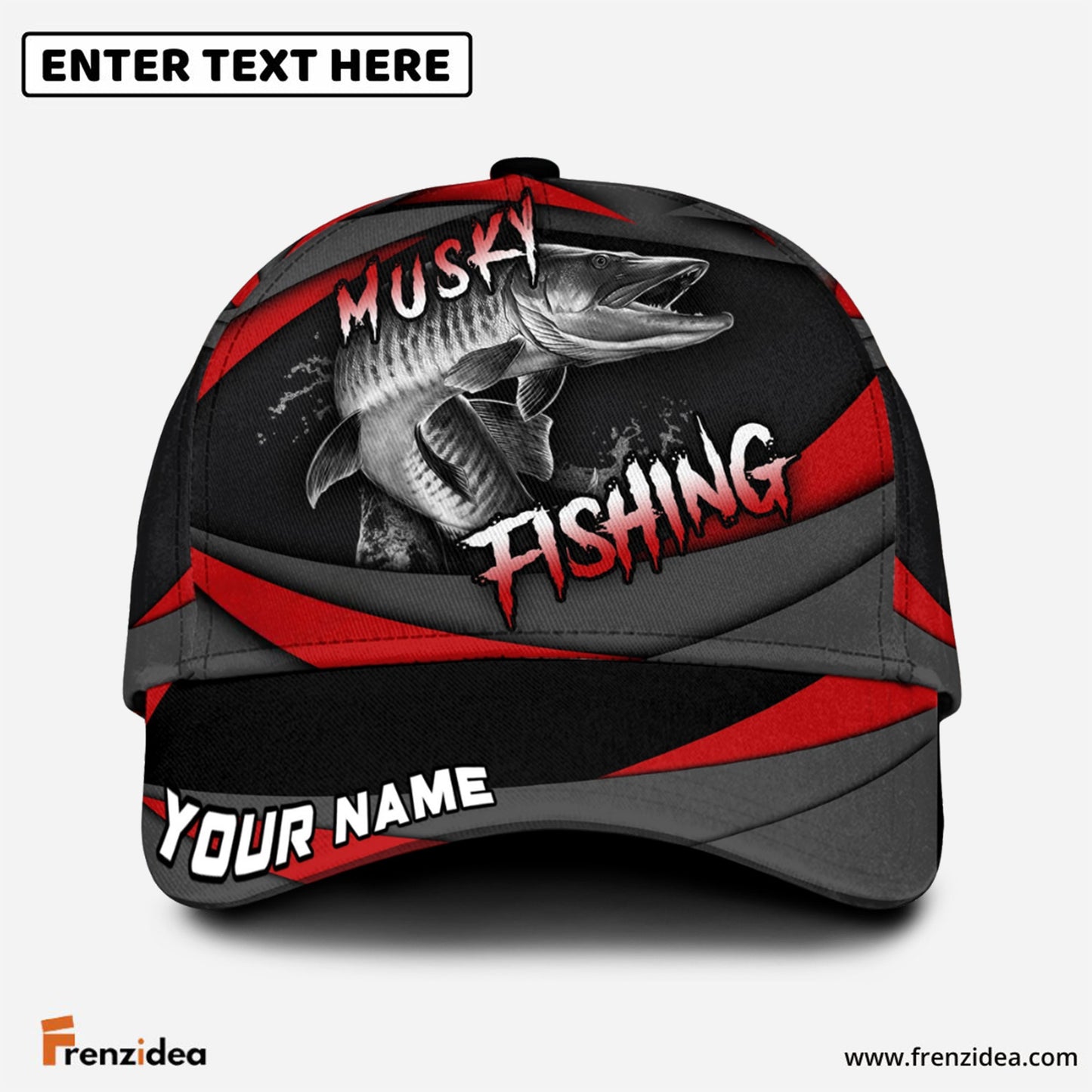 Frenzidea Personalized Musky Fishing Red Gray Spinning Pattern Classic Cap