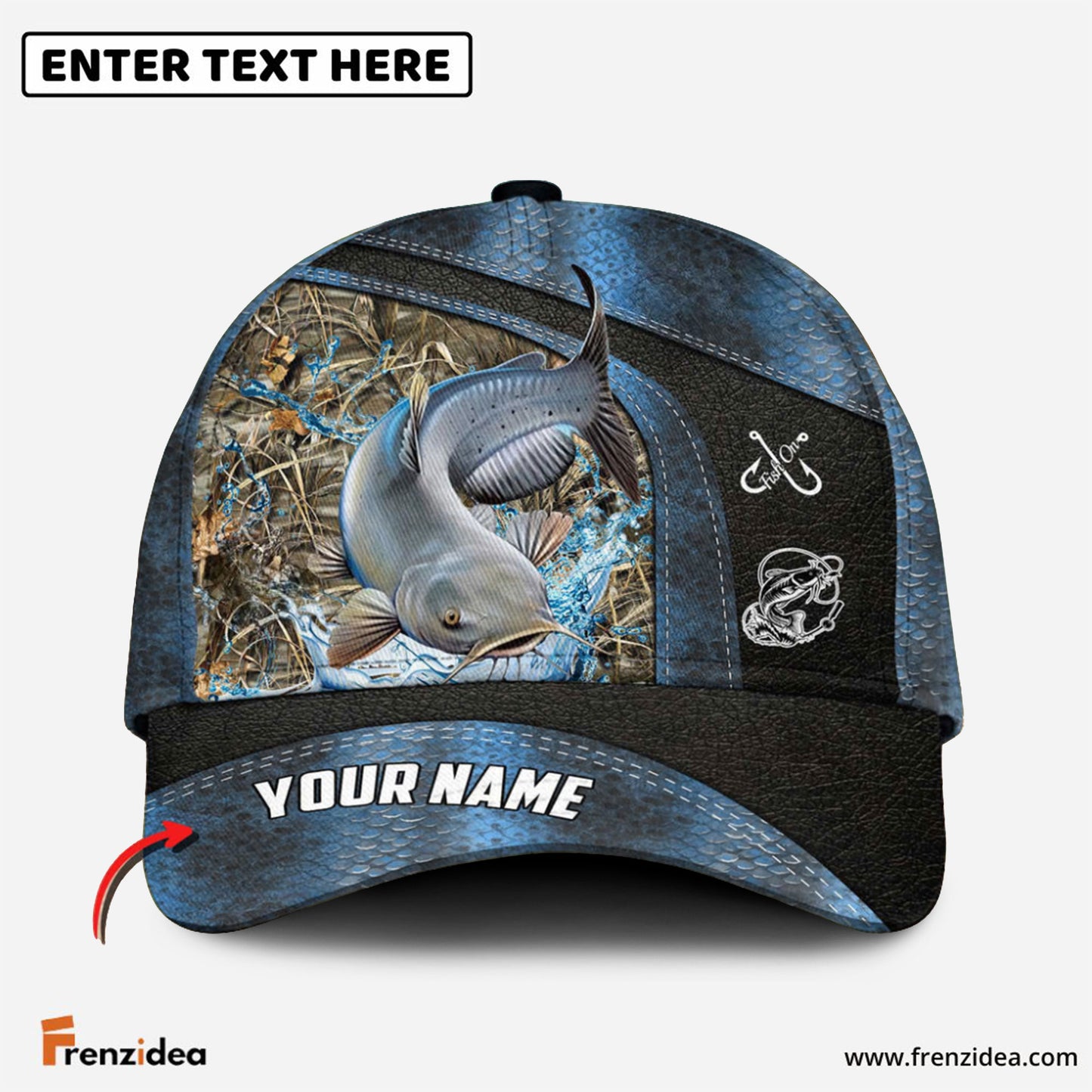 Frenzidea Personalized Catfish Fishing Skin Bling Leather Pattern Classic 3D Cap