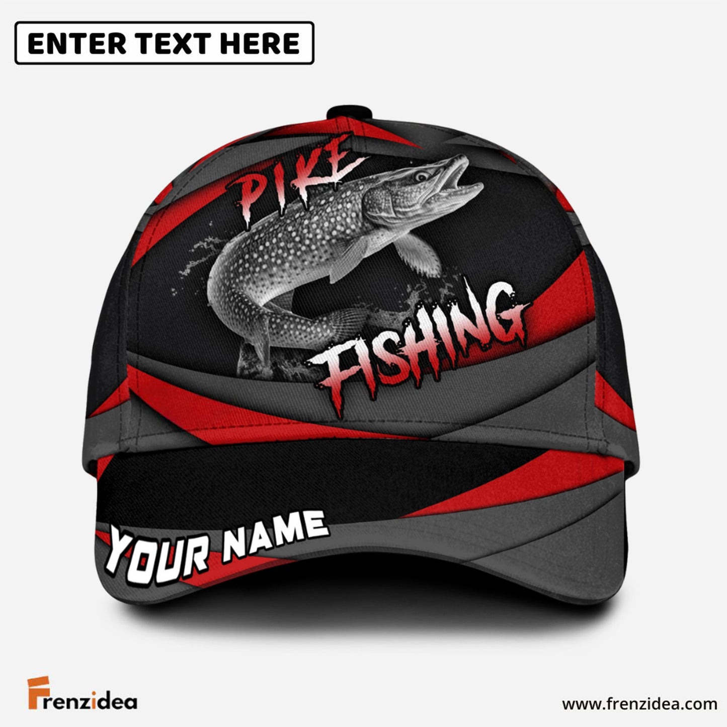 Frenzidea Personalized Pike Fishing Red Gray Spinning Pattern Classic Cap