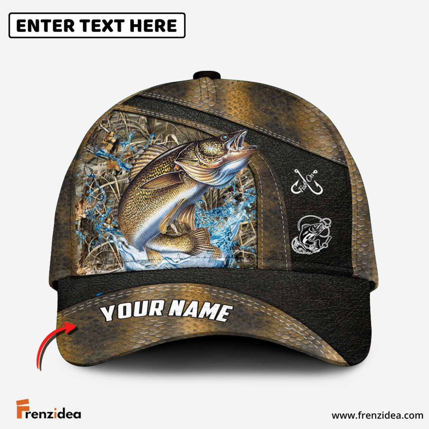 Frenzidea Personalized Walleye Fishing Skin Bling Leather Pattern Classic 3D Cap