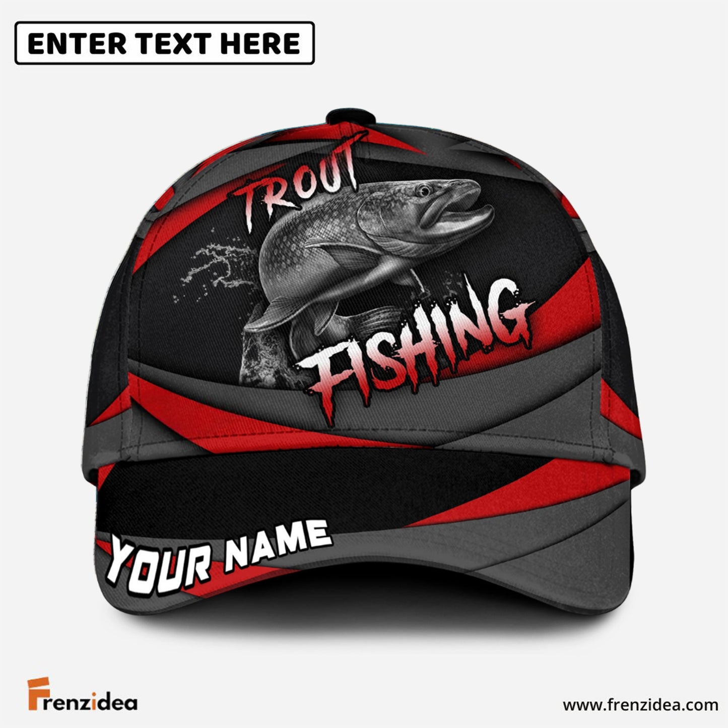 Frenzidea Personalized Trout Fishing Red Gray Spinning Pattern Classic Cap