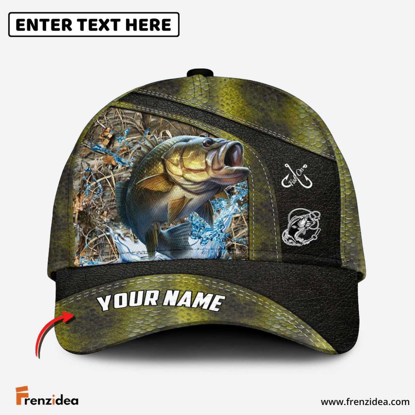 Frenzidea Personalized Bass Fishing Skin Bling Leather Pattern Classic 3D Cap