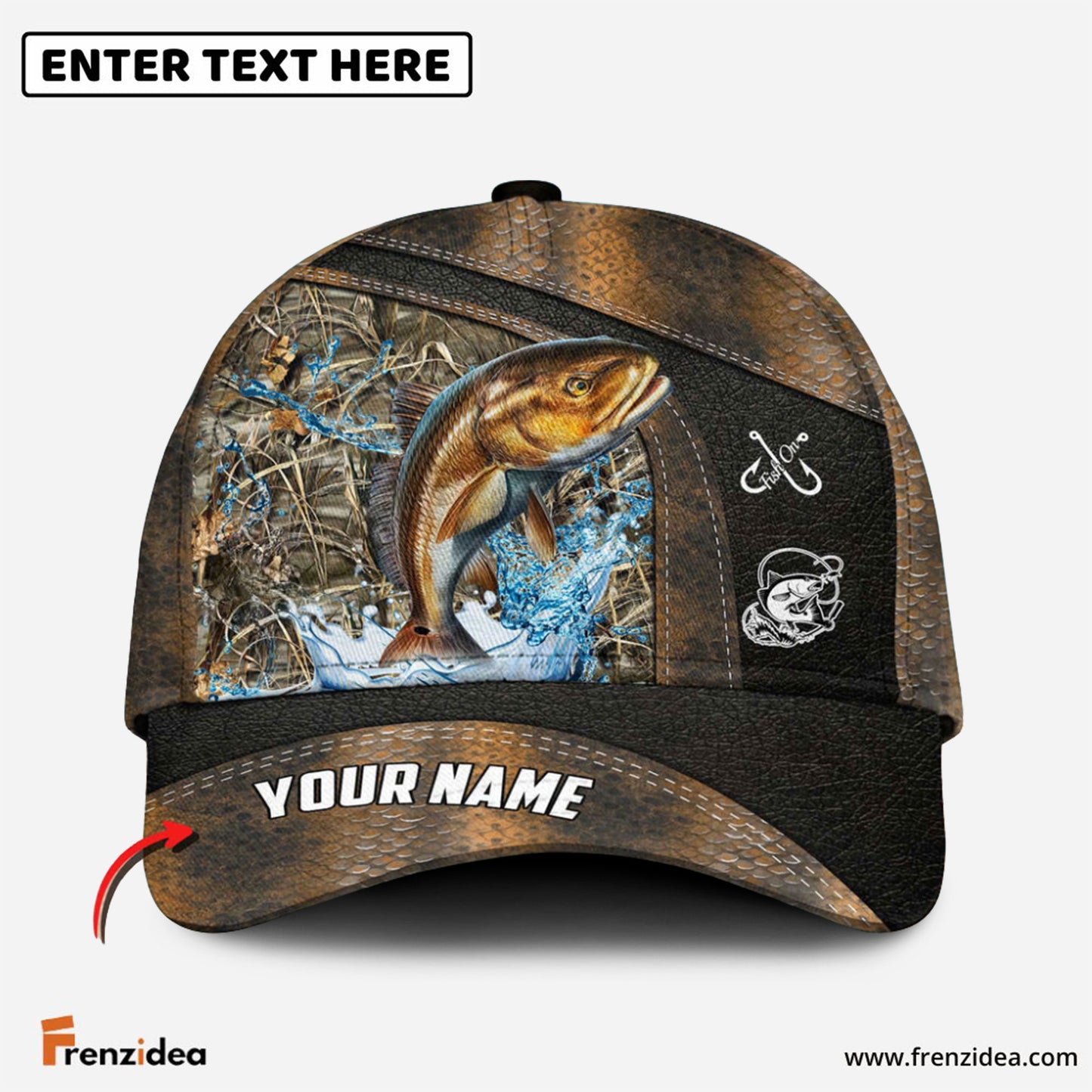 Frenzidea Personalized Redfish Fishing Skin Bling Leather Pattern Classic 3D Cap