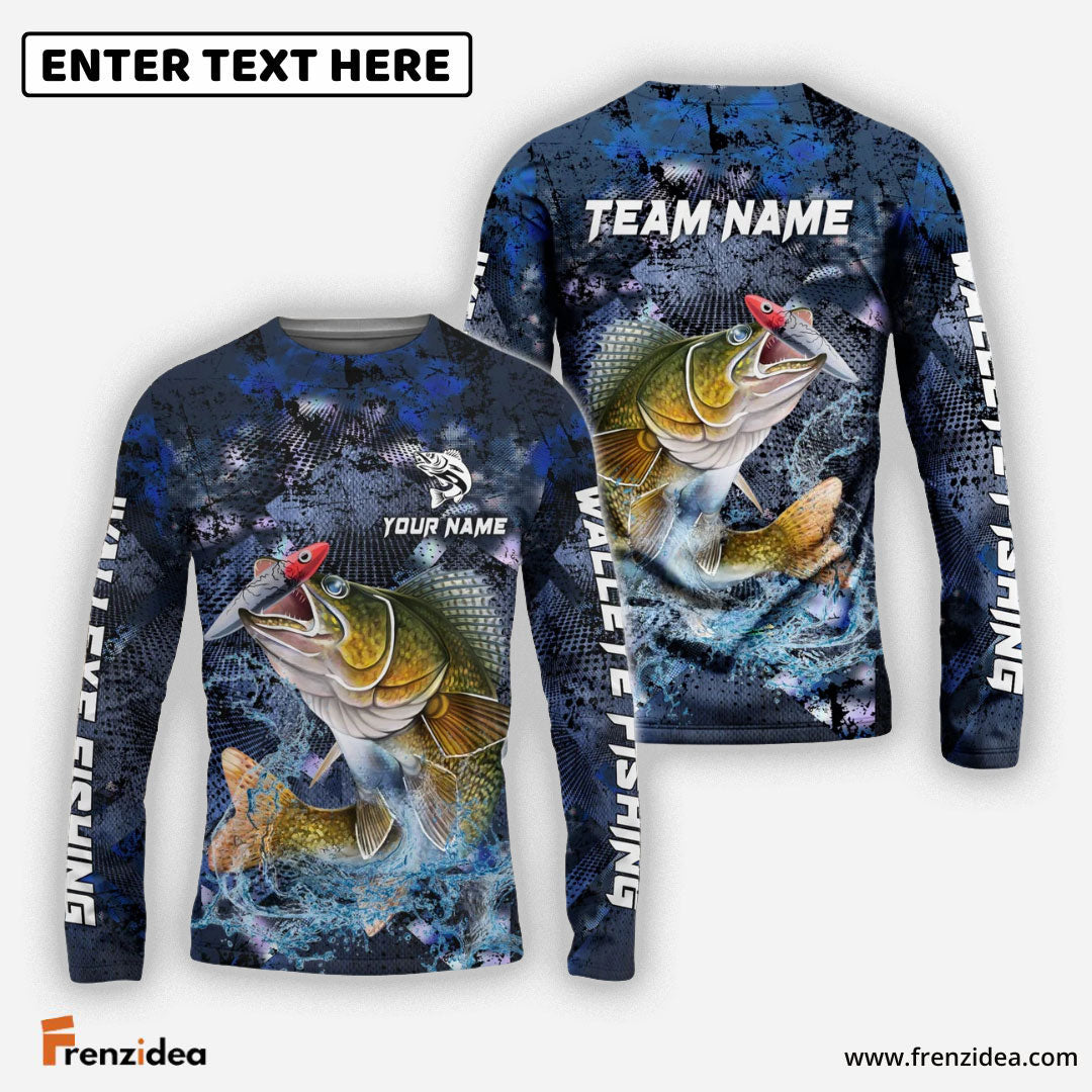 Frenzidea Walleye Fishing Dark Blue Camouflage Custom Name & Team Name 3D Shirts