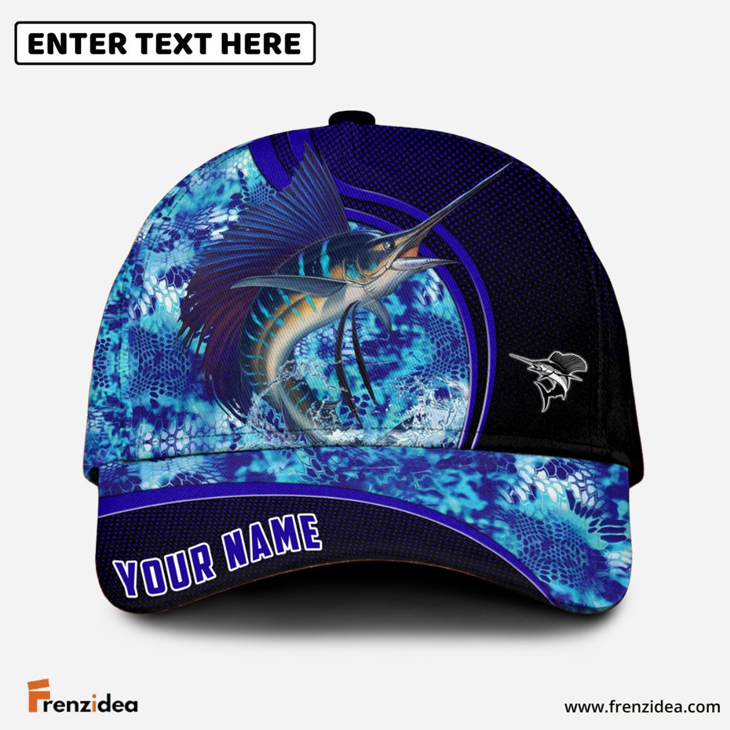 Frenzidea Blue Patchy Sailfish Fishing Personalized Cap