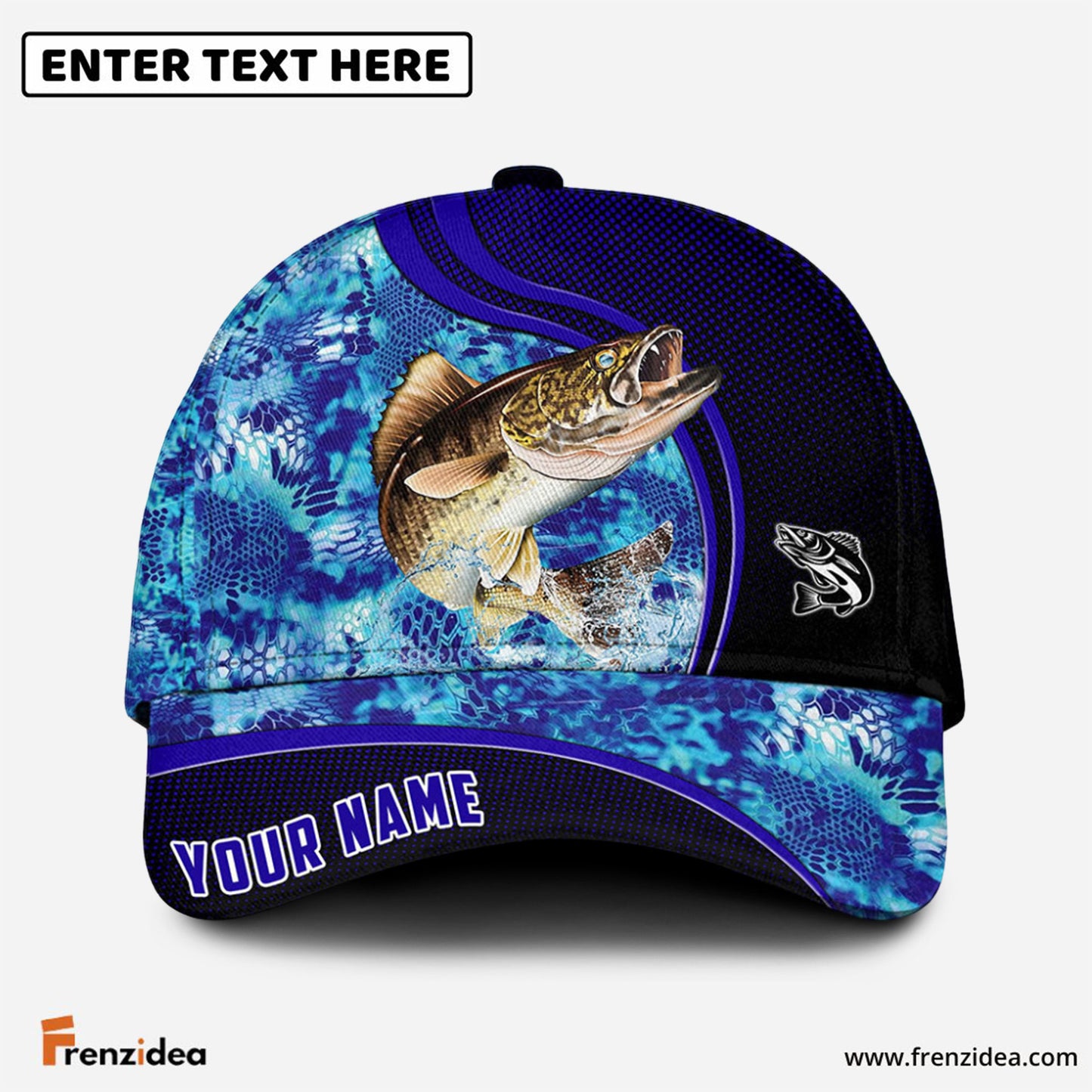 Frenzidea Blue Patchy Walleye Fishing Personalized Cap