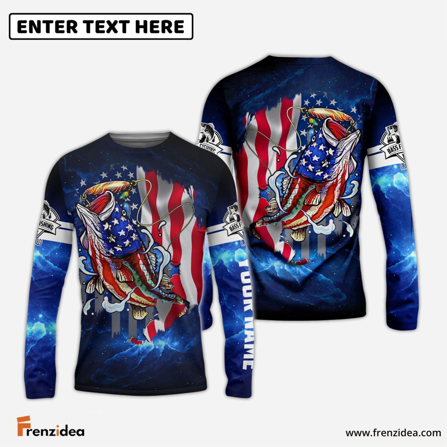 Frenzidea Bass Fishing 3D American Flag Patriotic Customize Name All Over Print Shirt