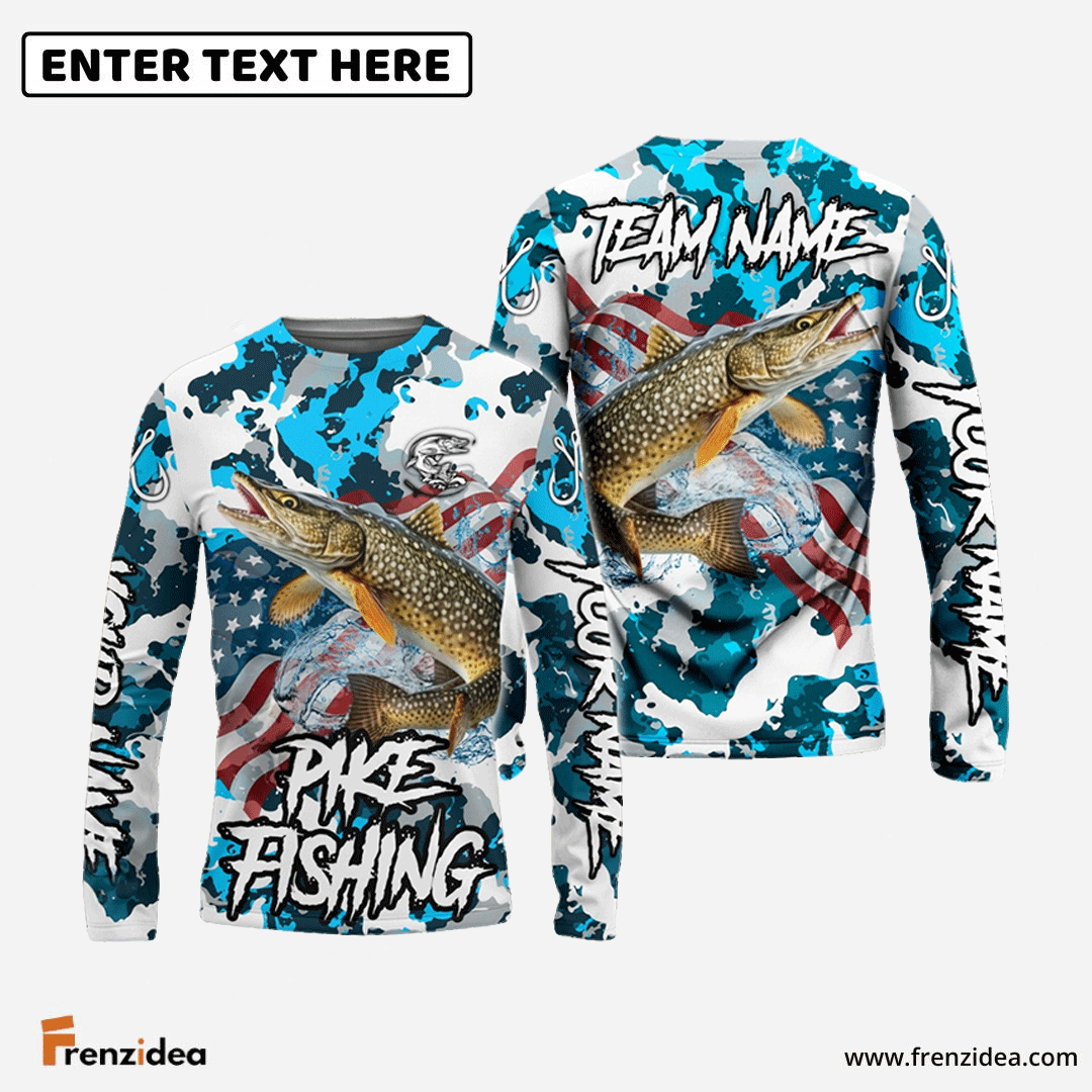Frenzidea Pike Fishing American Flag Light Blue Camo Custom Name & Team Name 3D Shirts