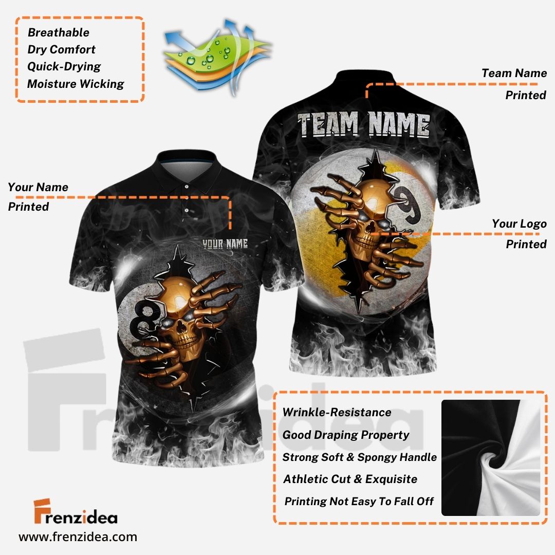 Frenzidea Billiards Ball 8 And 9 Fire Skull Crack ver KH Personalized Name, Team Name Unisex Polo( 6 Colors )