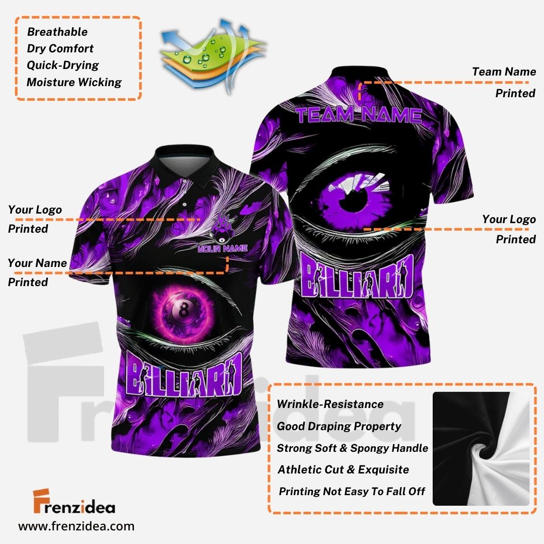 Frenzidea Billiards Ball 8 Fire Eye Personalized Name, Team Name Unisex Shirt (4 Colors)