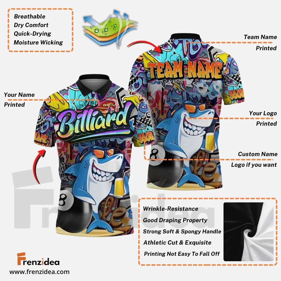 Frenzidea Billiards 8 Style Shark Personalized Name, Team Name Shirt