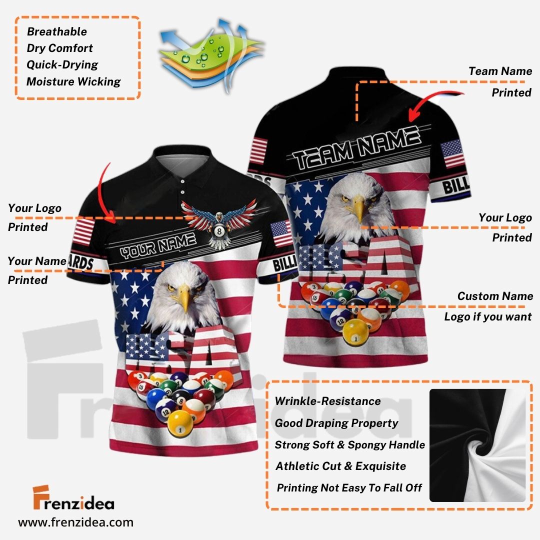 Frenzidea Billiards 8 Ball Rack USA Eagle Personalized Name, Team Name Shirt (S)