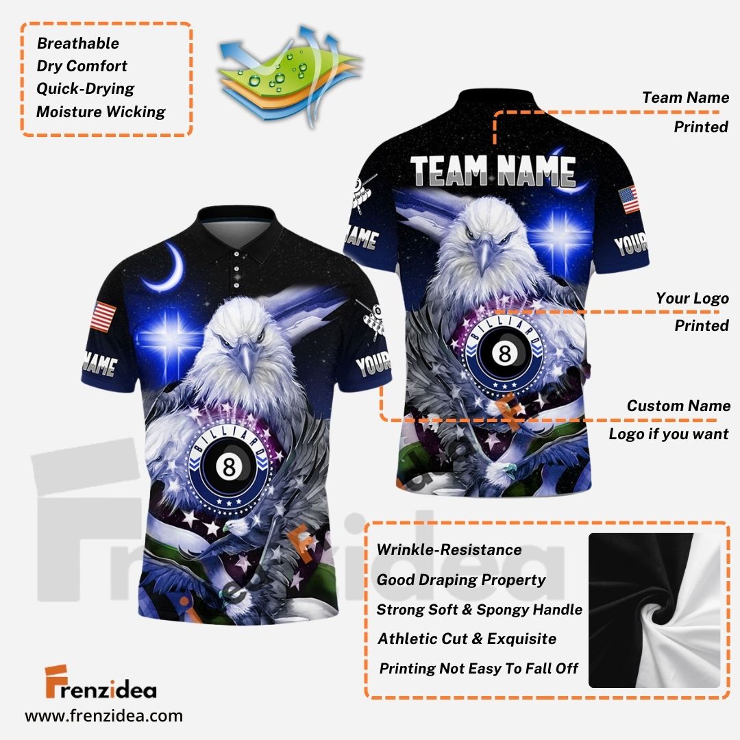 Frenzidea Billiards Ball 8 Cross Eagle American Flag Personalized Name & Team Name Shirt (4 Colors)