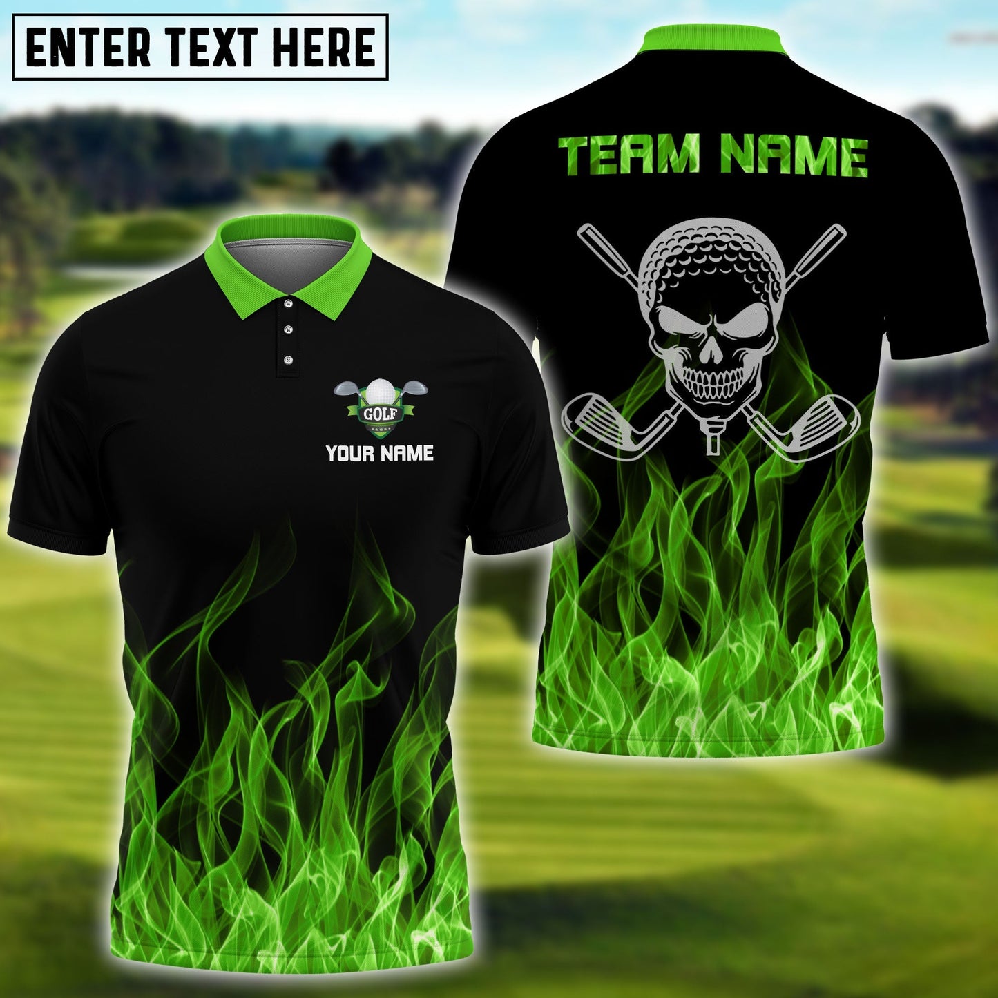 frenzidea Golf Green Flame Skull Personalized Name, Team Name 3D Shirt