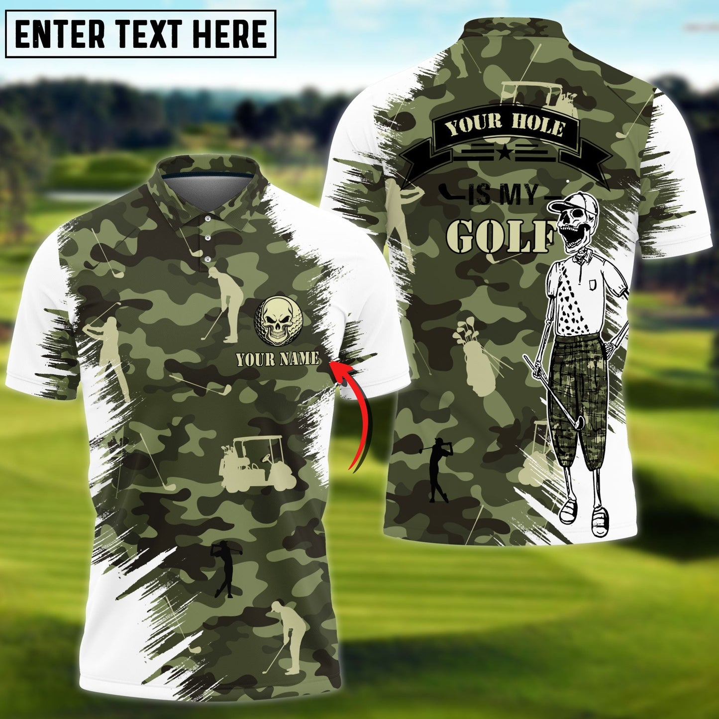 frenzidea Funny Skull Green Camo Golf Personalized Name 3D Shirt