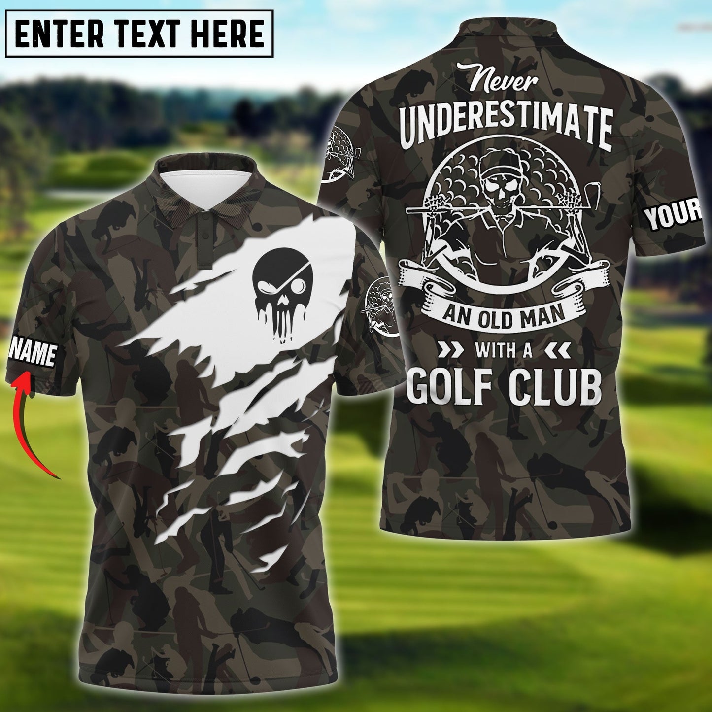 Frenzidea Golf Skull Camo Never Underestimate An Old Man With A Golf Club Personalized Name, Team Name 3D Shirt