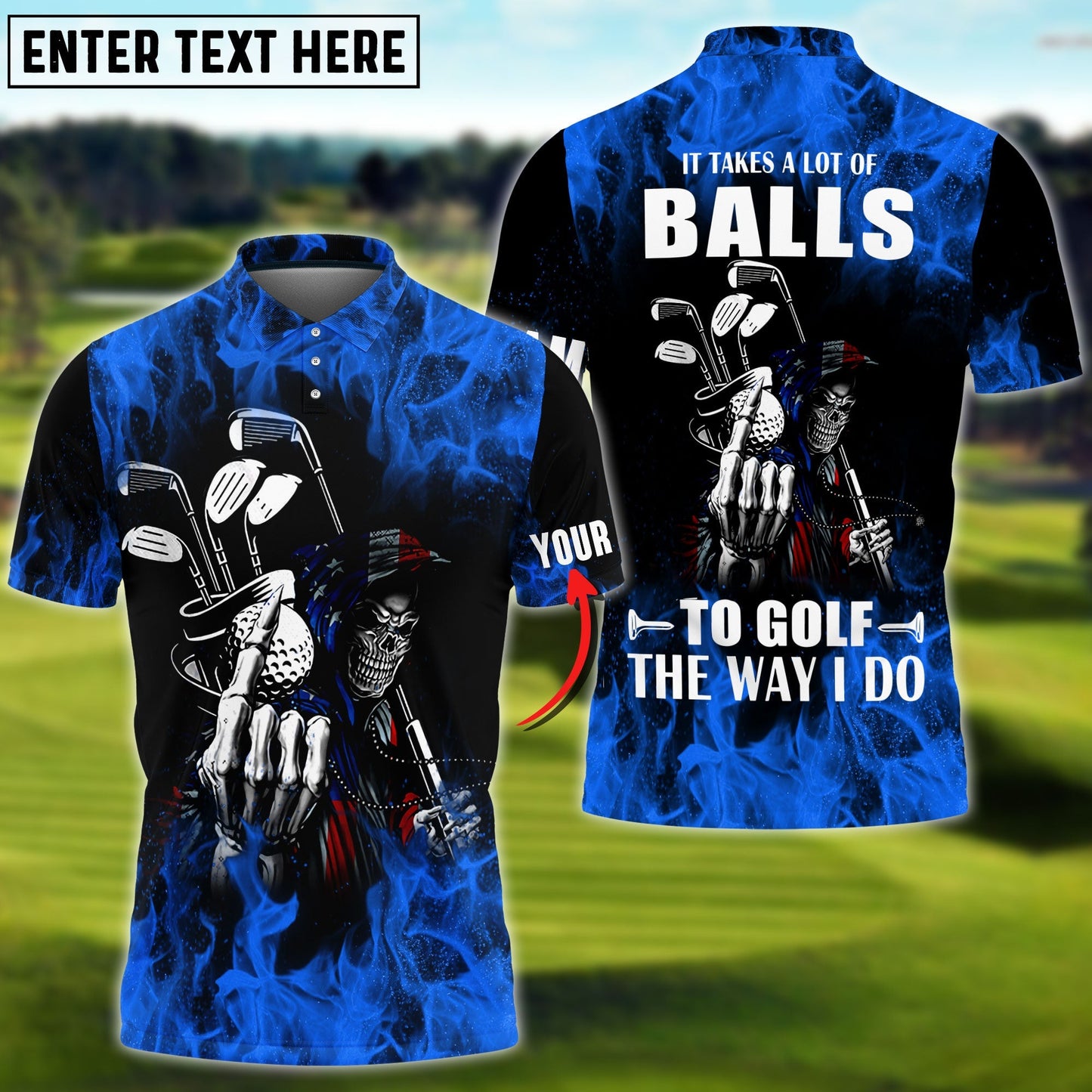 Frenzidea Blue Flame Golf Skull Personalized Name, Team Name 3D Shirt