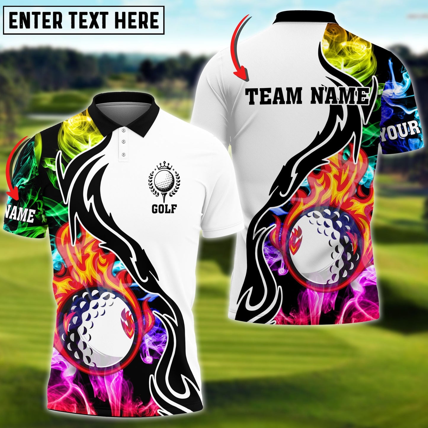 Frenzidea Golf Fireball Multicolor Smoke Pattern Personalized Name, Team Name 3D Shirt