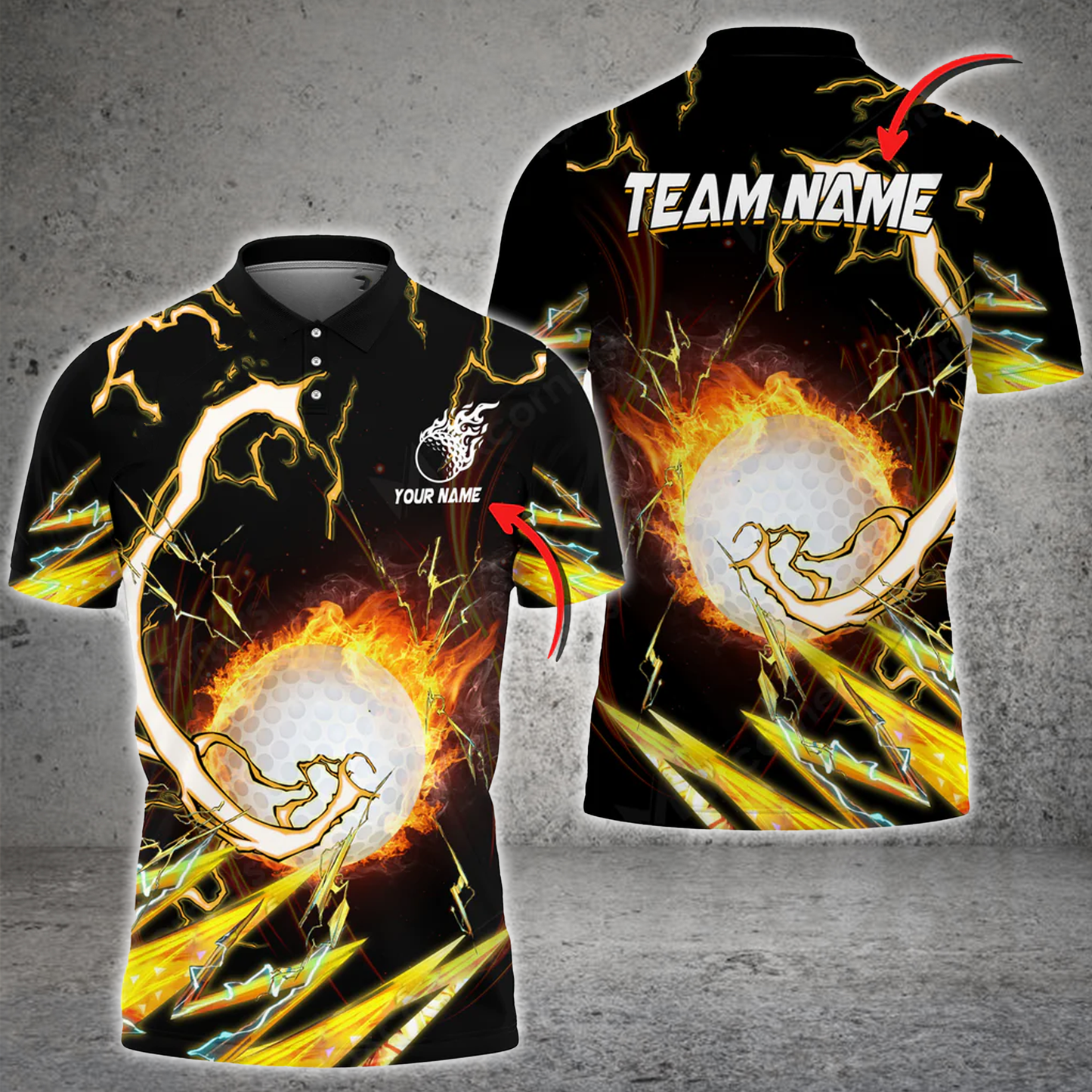 Frenzidea Fire Golf Ball Yellow Thunder Personalized Name, Team Name 3D Shirt