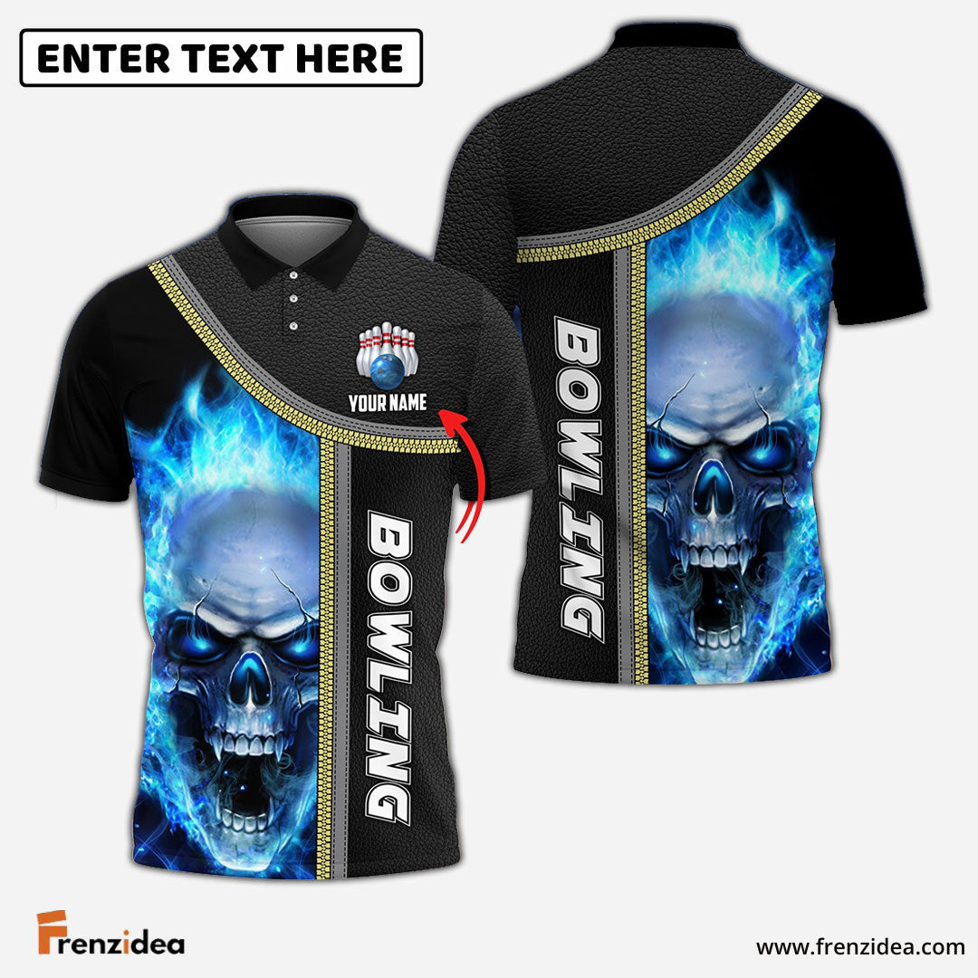 Frenzidea Bowling Cyan Flame Skull Pattern Customized Name 3D Shirt